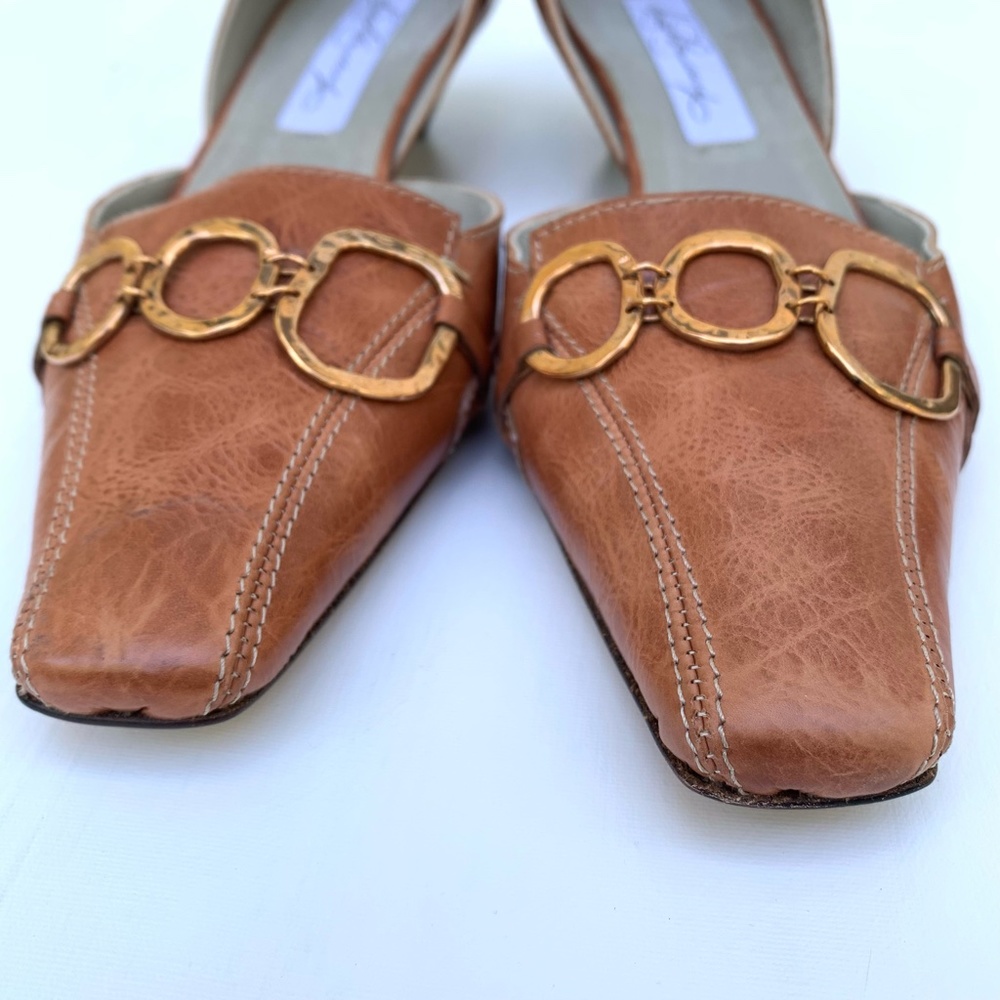 Diana Broussard Brown Leather D'Orsay Pumps 8.5 Square Toe Gold Ring Y2K Siren - Picture 7 of 10